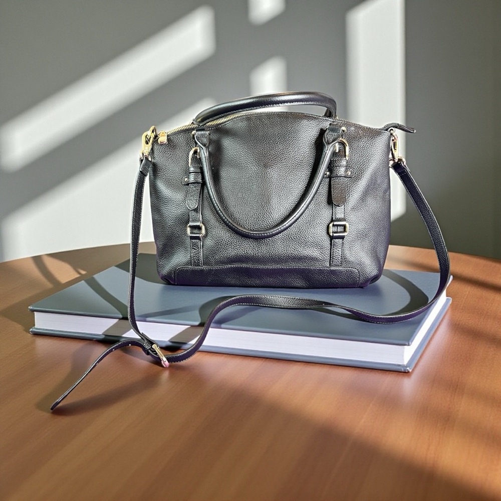 Ora Delphine Pebble Black Leather Handbag Satchel Purse‎ EUC